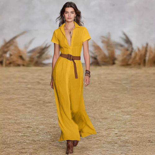 衬衫领高腰连衣长裙Shirt collar,highwaistedjumpsuitlongskirt
