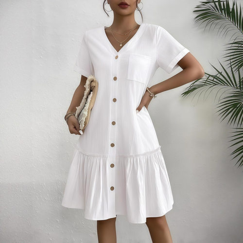 纯色纽扣短袖连衣裙 Solid color button short sleeved dress