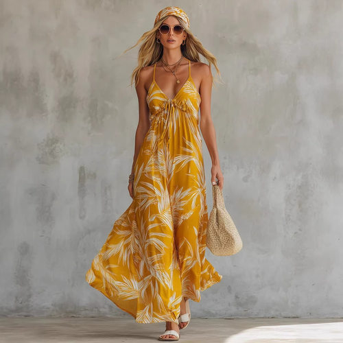 V领无袖印花女士连衣裙V-neck sleeveless printed women's dress