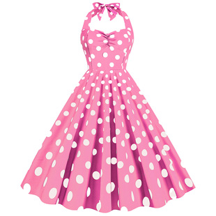dot polka dress with peplum挂脖波点连衣裙 Neck large hanging