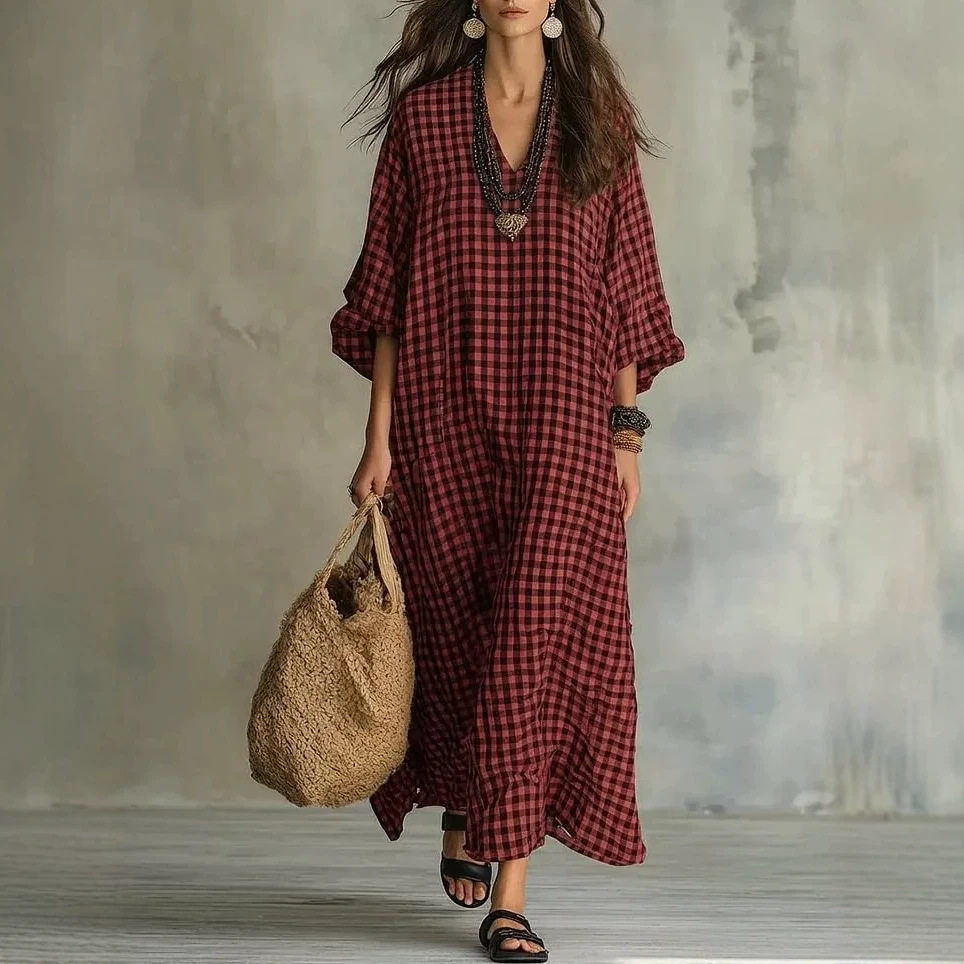 Women's casual plaid jumpsuit long skirt女式休闲格子连衣长裙图片