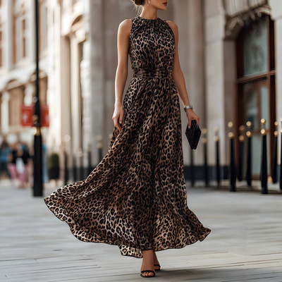 Leopard print sleevelesswaistcinchingdress豹纹无袖收腰连衣裙