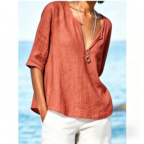 V领大码女士纯色上衣V-neck plus size women's solid color top