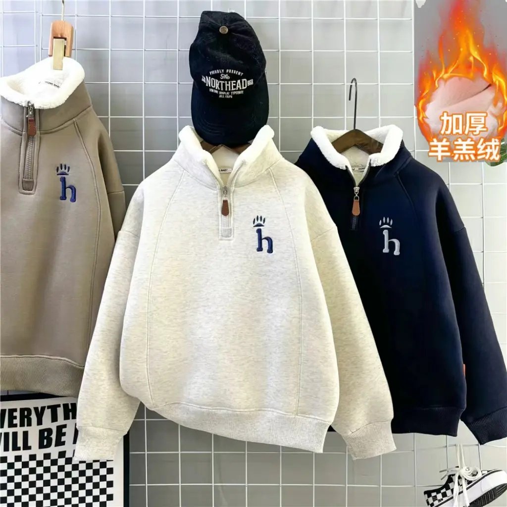 男童加绒刺绣卫衣冬款2025款大童加厚冬季男孩羊羔绒儿童加大上衣