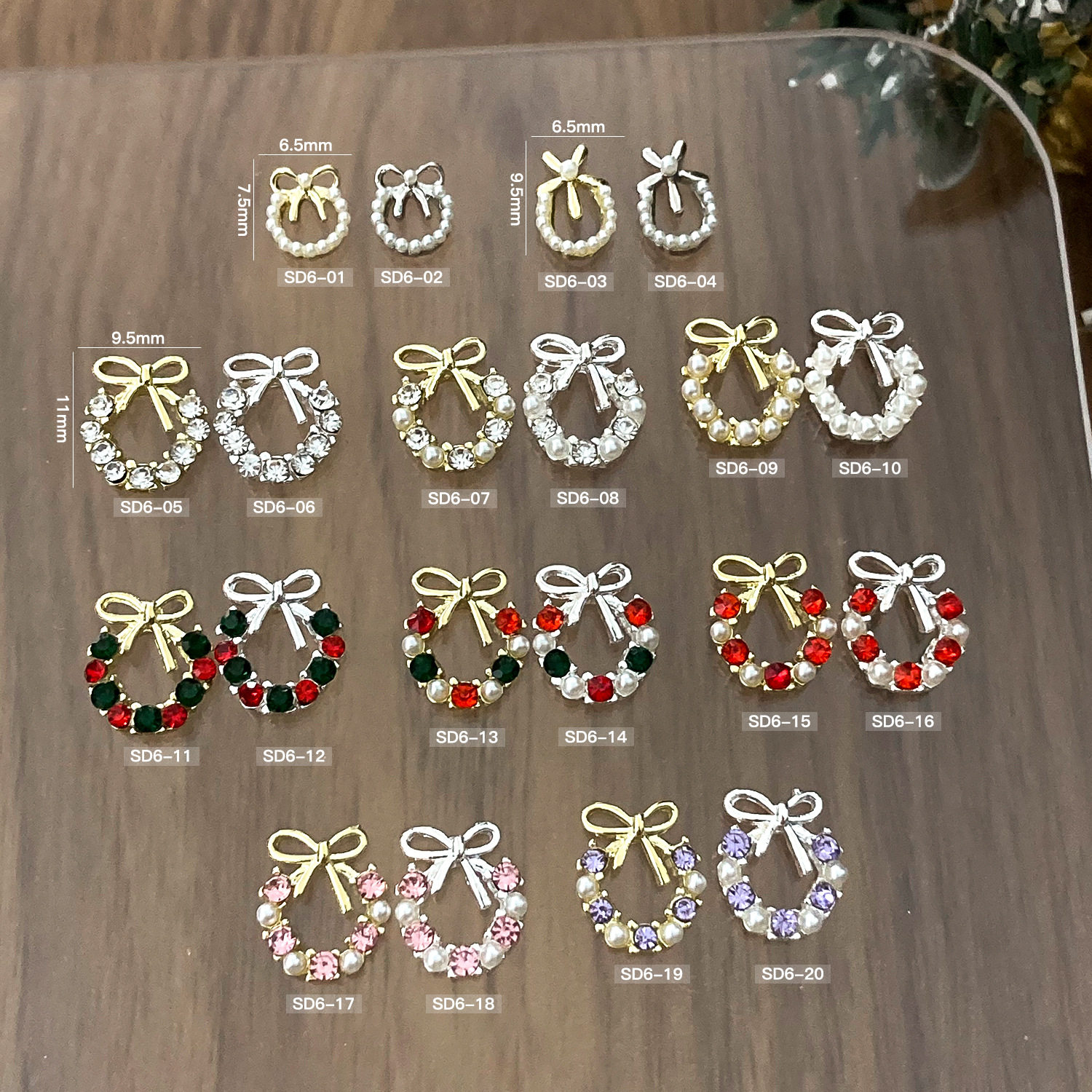 恩妮诗圣诞节花环蝴蝶结彩钻珍珠轻奢合金立体指甲装饰品美甲专用