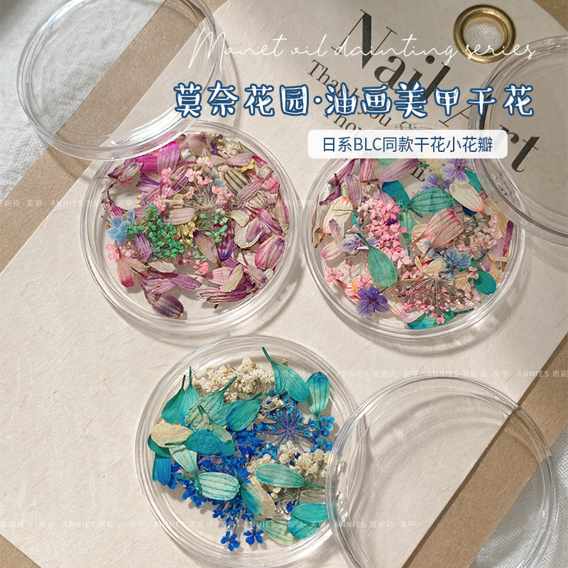 恩妮诗网红莫奈油画干花美甲混装浪漫小花碎花混合配色指甲装饰品