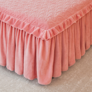 床罩床笠1米8加厚夹棉带裙边床裙一体四件套全包粉色牛奶绒珊瑚绒