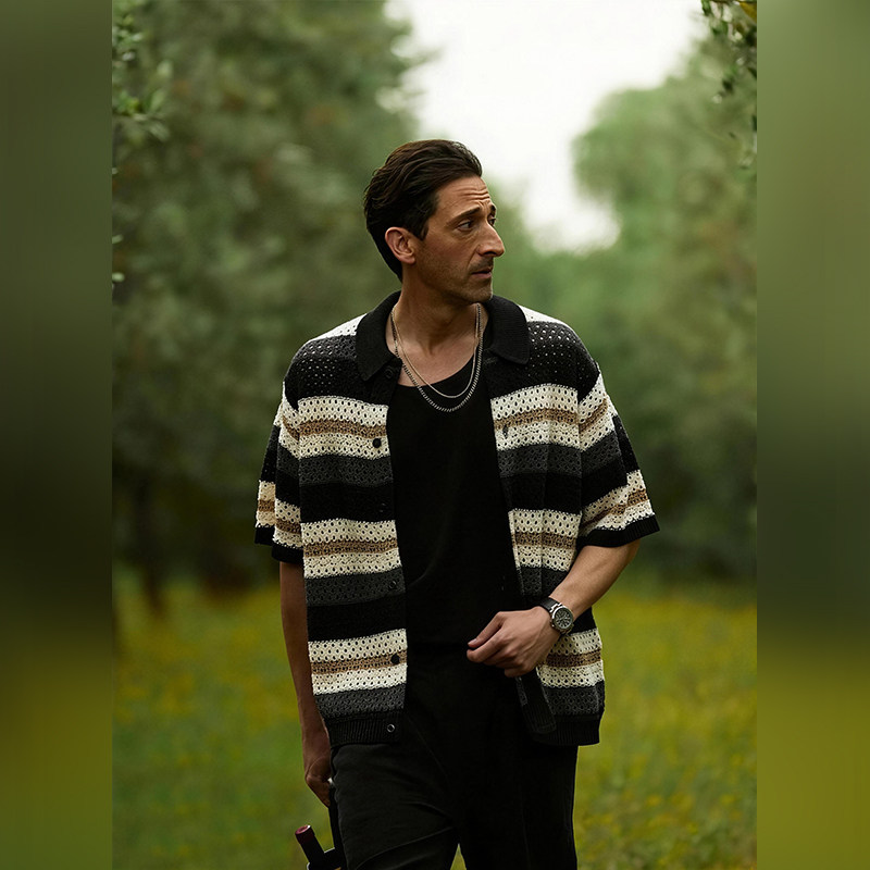 古叔的着 镂空条纹短袖衬衫男夏季新款老钱风复古休闲针织开衫