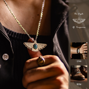 古叔的着 复古老鹰项链男款天然绿松石白铜挂件飞鹰吊坠配件饰品