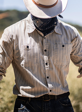 古叔的着 美式复古老钱风条纹长袖衬衣男2025秋新款宽松休闲衬衫