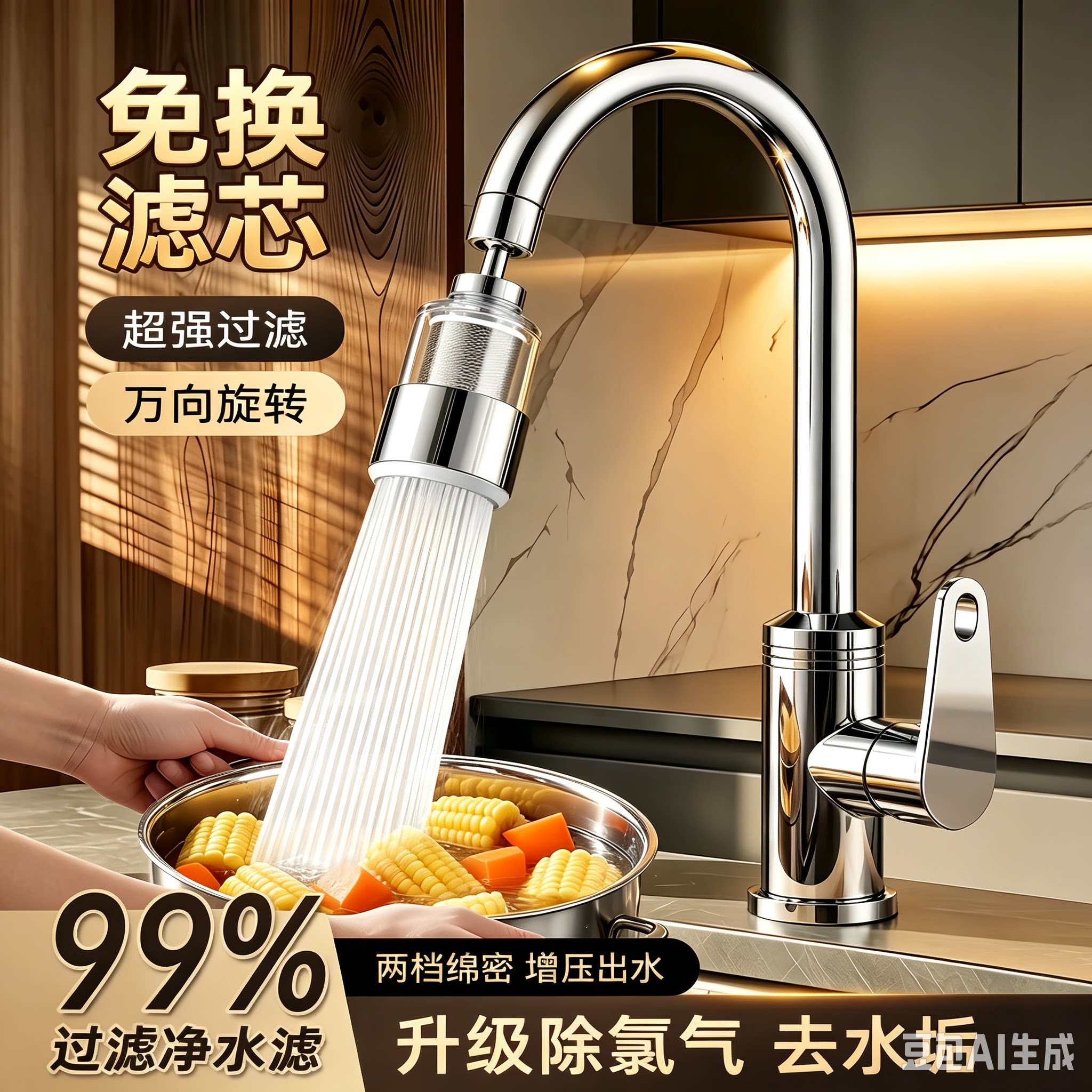 欧美厨房水龙头过滤器家用万向延伸自来水净水器出水嘴防溅水神器