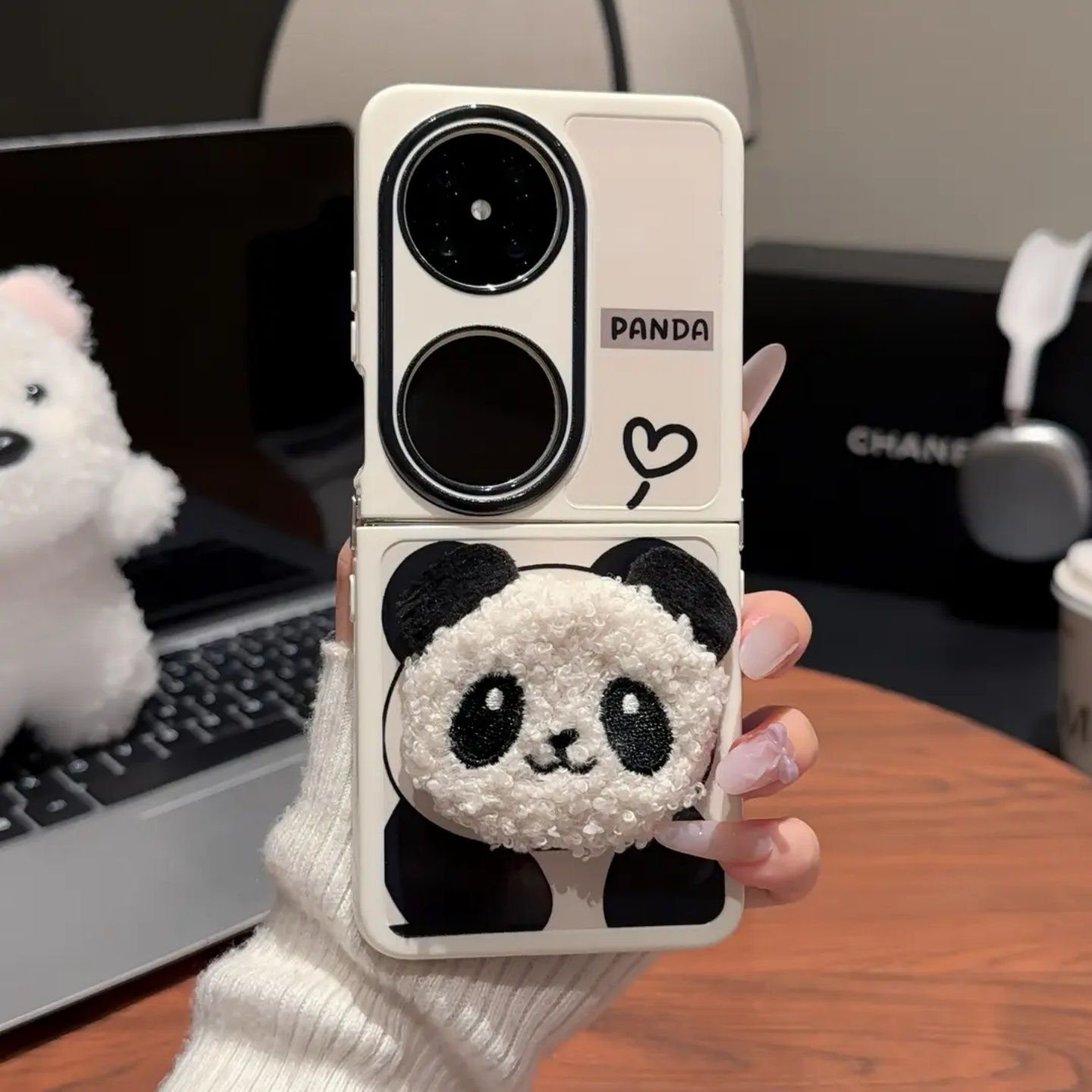 毛绒熊猫奶油壳适用华为pocket2