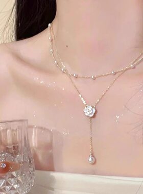 梦中山茶~珍珠项链轻奢感小众设计高级感2026年新款锁骨链双层女