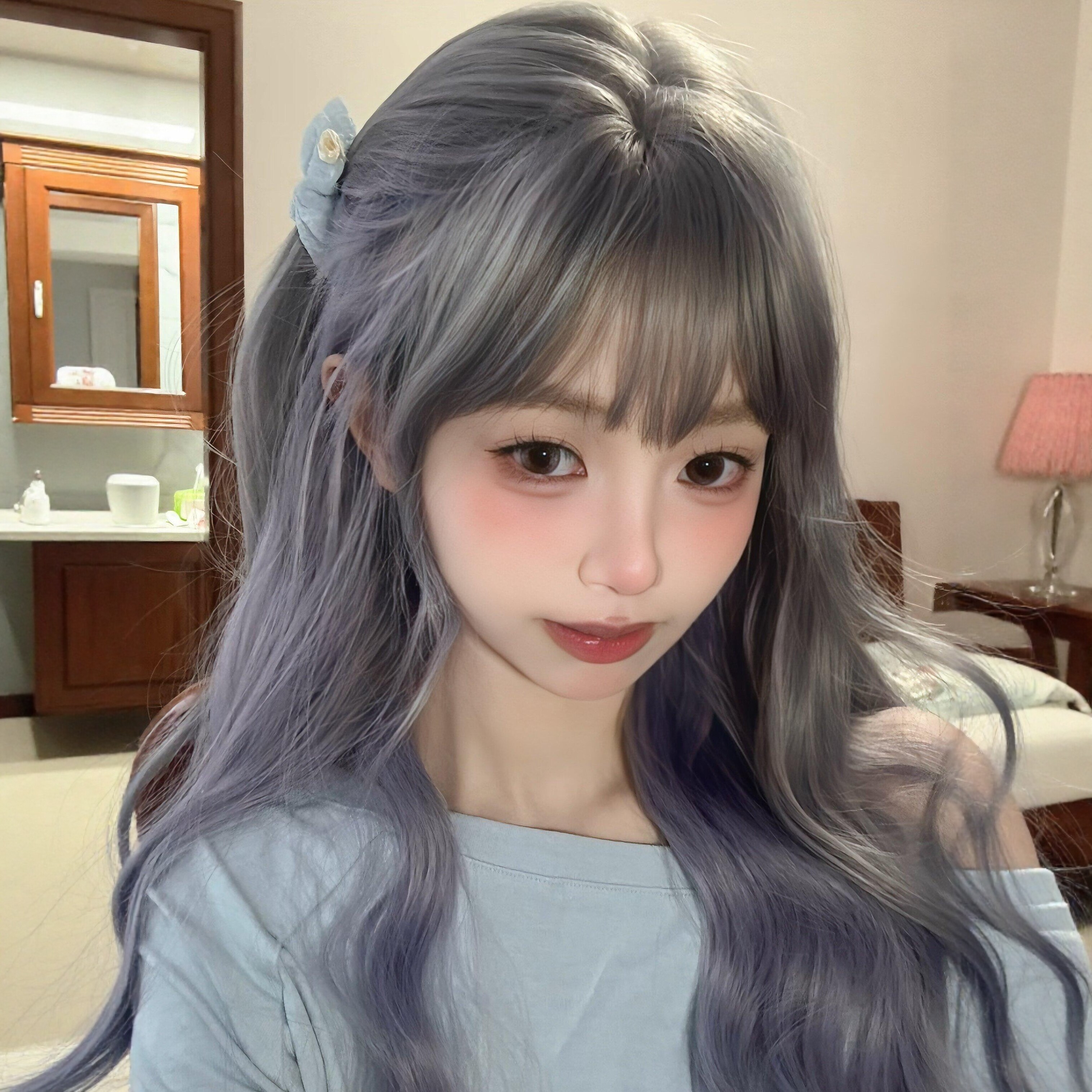 【烟蓝鸢尾】云岫假发齐刘海蓝紫灰渐变长卷发自然蓬松显白全头套