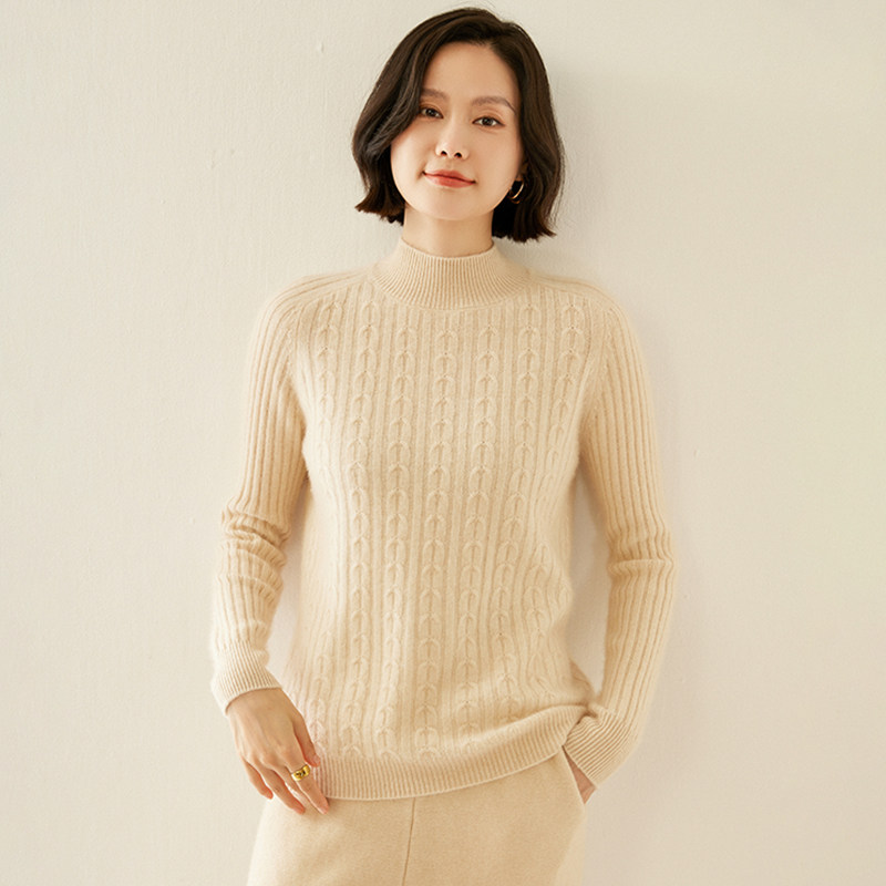 低调奢华！纯色半高领扭花羊绒衫女修身显瘦加厚保暖软糯长袖毛衣
