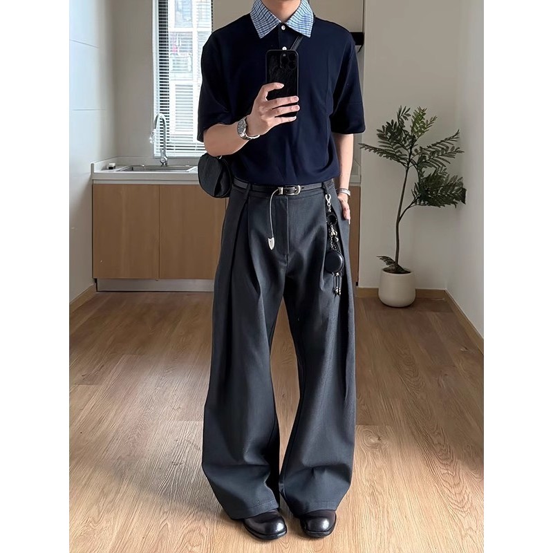 深灰色工字褶西裤男款夏正装老钱风A字阔腿裤子通勤休闲弯刀长裤
