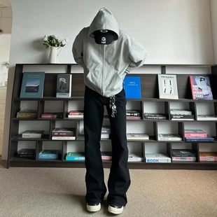 美式 男生高級感彎刀顯瘦男裝 cleanfit褲 子 vibe黑色直筒微喇牛仔褲