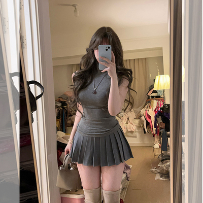 夏季辣妹纯欲高领吊带背心女灰色小个子半身裙百褶裙时尚两件套装