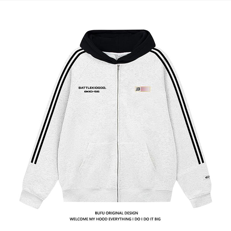 亿万少年BUFU国潮牌美式复古连帽卫衣男女秋季情侣款拉链开衫外套