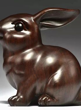 黑檀木雕刻兔子摆件三合十二生肖