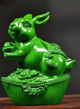 绿色木质福兔子摆件实木十二生肖
