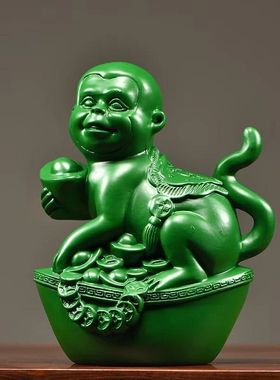 绿色实木猴子雕刻十二生肖摆件新
