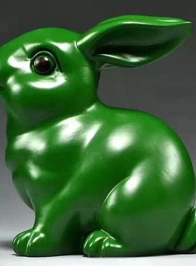 绿色木雕刻兔子摆件三合十二生肖