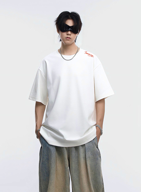 INVA美式重磅刺绣字母签名短袖T恤男女同款宽松圆领上衣夏季新款