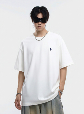 INVA2026夏季新款小马刺绣短袖T恤男宽松百搭美式纯棉白色打底衫