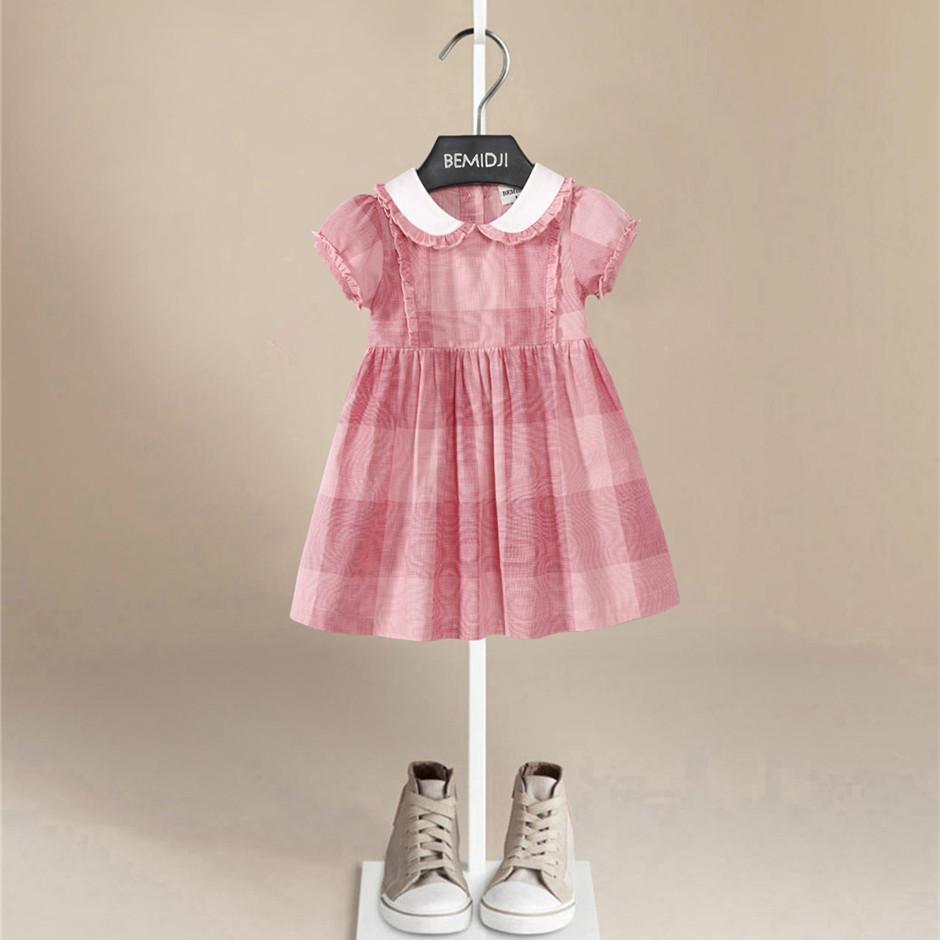 夏季女童裙子日系甜美风泡泡袖公主裙小女孩格子裙纯棉伯米吉童装