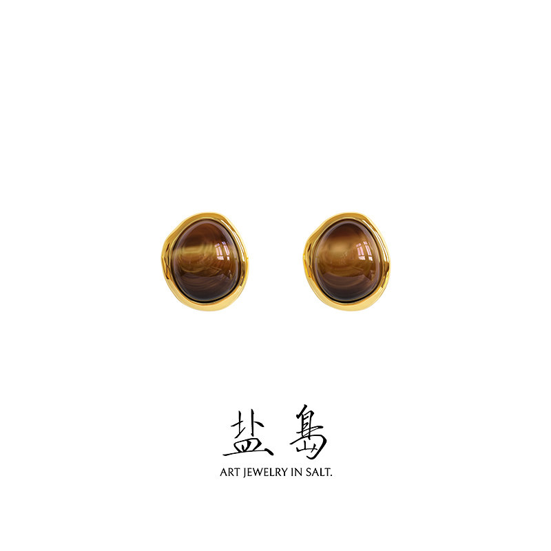 盐岛节气白露虎眼石耳钉小号美拉德复古耳环小众风独特高级感耳饰