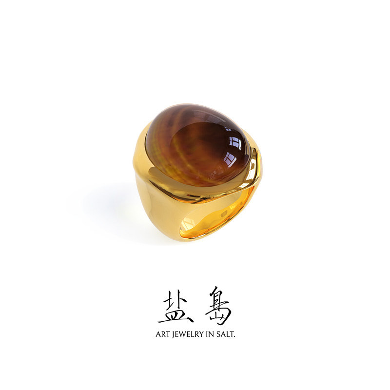 盐岛陈昊宇同款白露虎眼石食指戒指小众高级感轻奢复古金色指环女