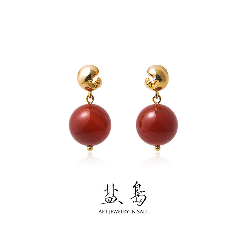 盐岛热巴同款锦鲤红玛瑙耳坠高级感红色新中式耳饰本命年吊坠耳环