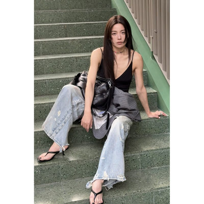 重工泼墨做旧纯棉新款长牛仔裤