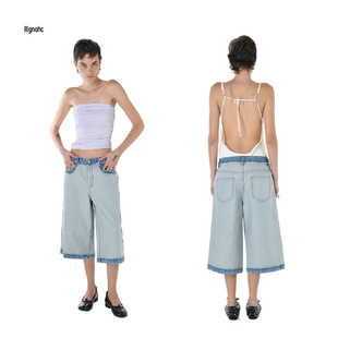 宽松中裤 小众撞色洗水直筒裤 7分裤 2026春款 lllgnahc 休闲裤 牛仔裤