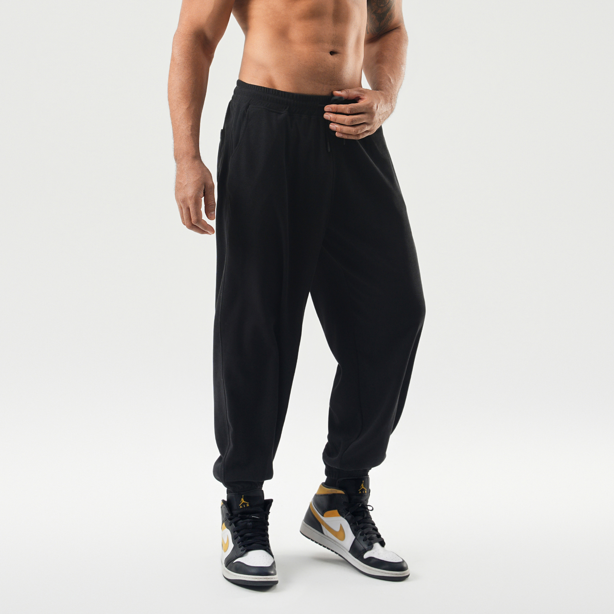 bdpowerup美式休闲裤男秋季新款束脚卫裤简约纯色针织休闲长裤