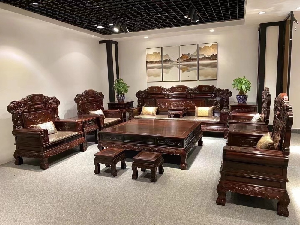 名贵东非酸枝富贵连年沙发十三件套古典整装榫卯木雕大茶几靠背椅