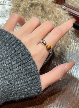 轻奢琥珀珠珠开口戒指2025新款爆款高级感情侣对戒可调节时尚指环