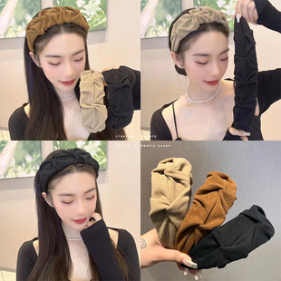 秋冬季 高颅顶女洗脸头箍发捆压发卡头饰 褶皱毛呢宽边网红发箍女款