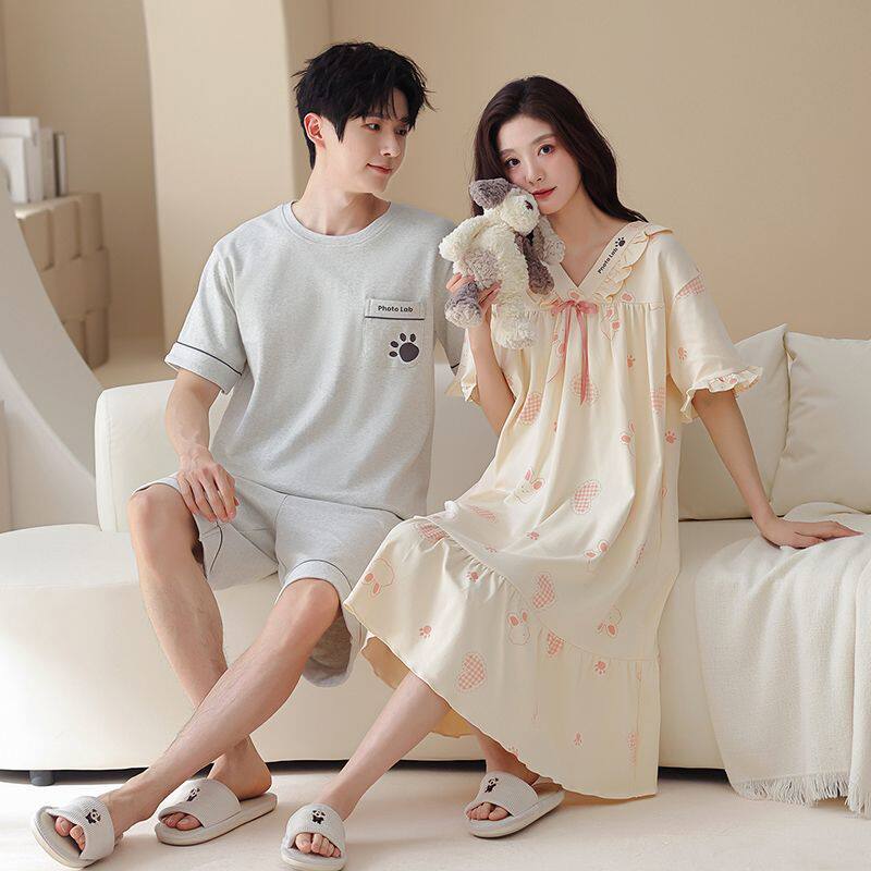 高档100%纯棉情侣睡衣夏季一睡衣/家居服套装