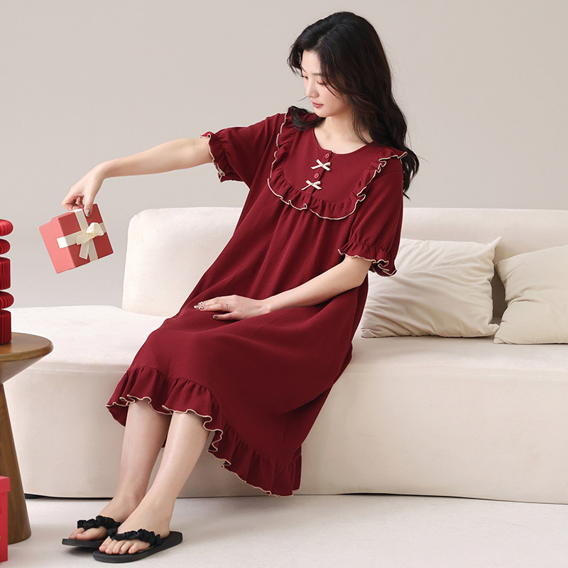 公主风甜美日系红色睡裙女夏天纯棉短袖宫廷风家居服睡衣马本命年