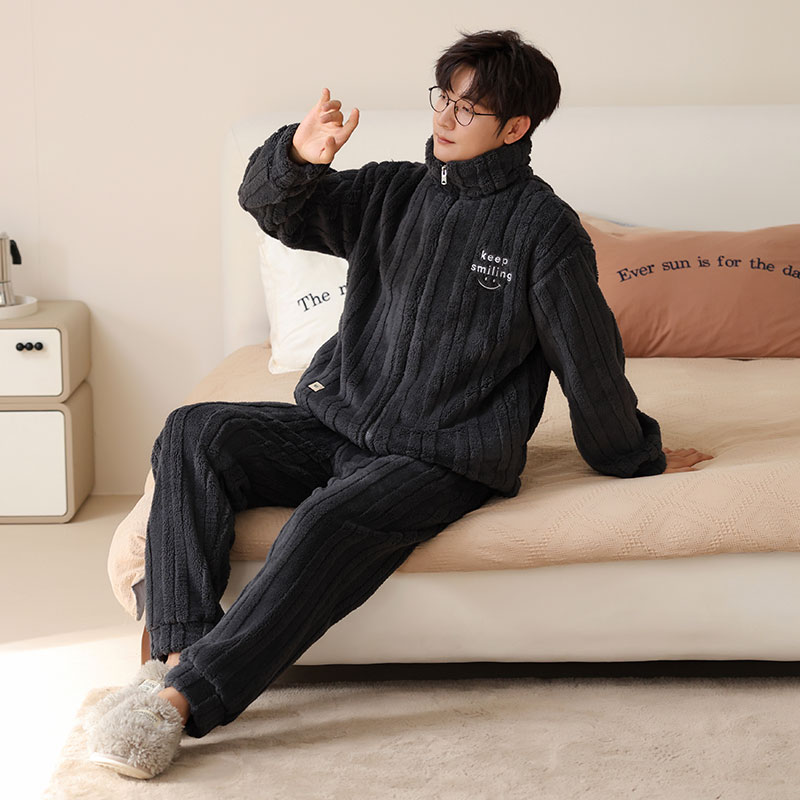 高档黑色睡衣男冬款珊瑚绒加厚加绒高领拉链法兰绒时尚长袖家居服