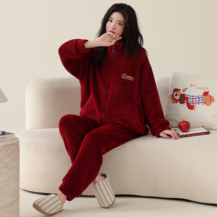 红色高领拉链珊瑚绒睡衣女本命年马年结婚家居服冬季长袖法兰绒