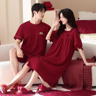 红色情侣睡衣夏季2026年马年纯棉短袖本命年结婚新婚睡裙套装抗菌