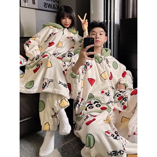 全棉纯棉蜡笔小新睡袍情侣睡衣女秋冬季连帽珊瑚绒加厚加绒男士冬