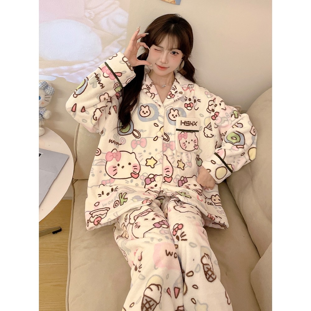 全棉纯棉hellokitty睡衣女春秋季德绒长袖可爱凯蒂猫秋冬款薄绒家