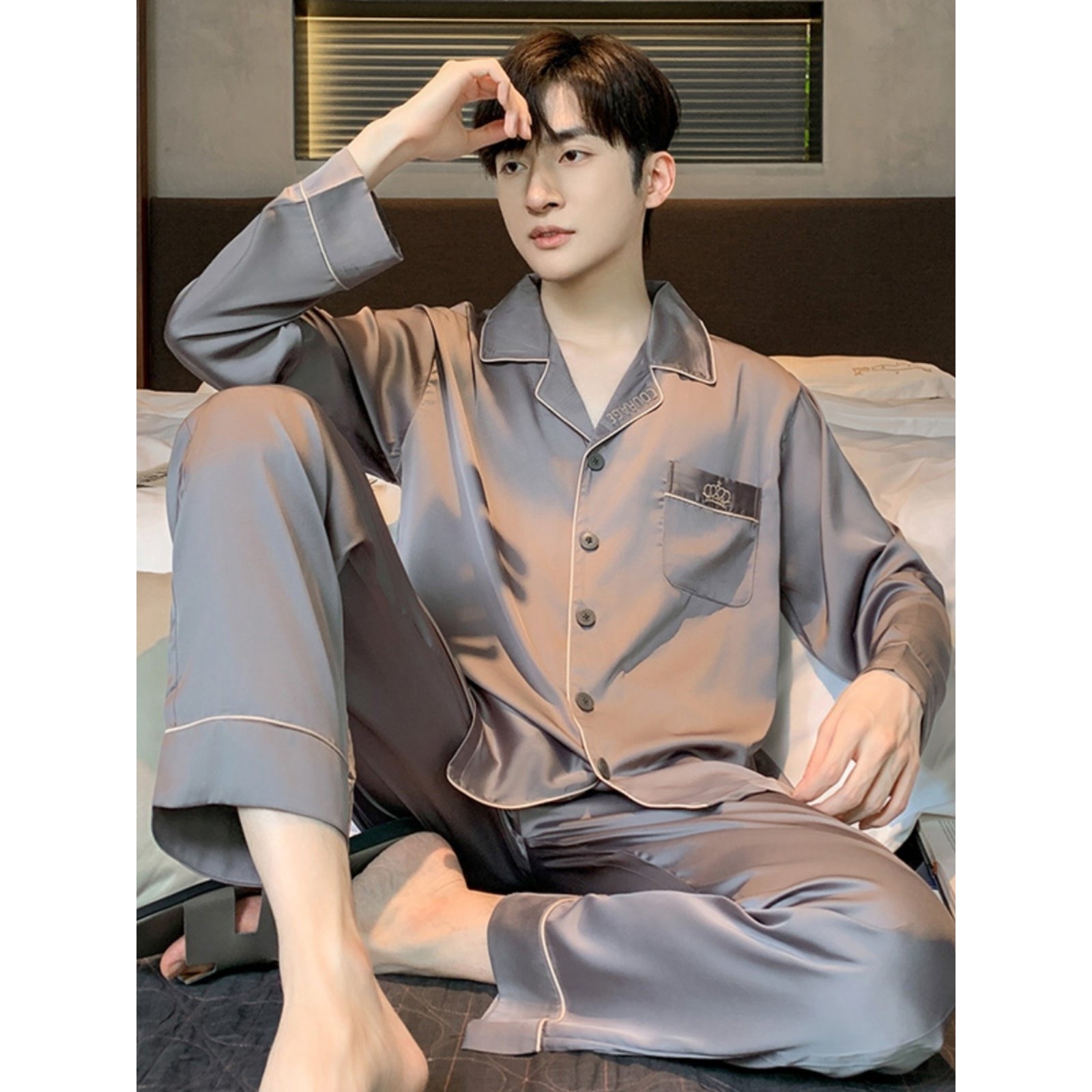 全棉纯棉冰丝睡衣男款春秋季薄款长袖休闲外穿家居服男士夏款丝绸