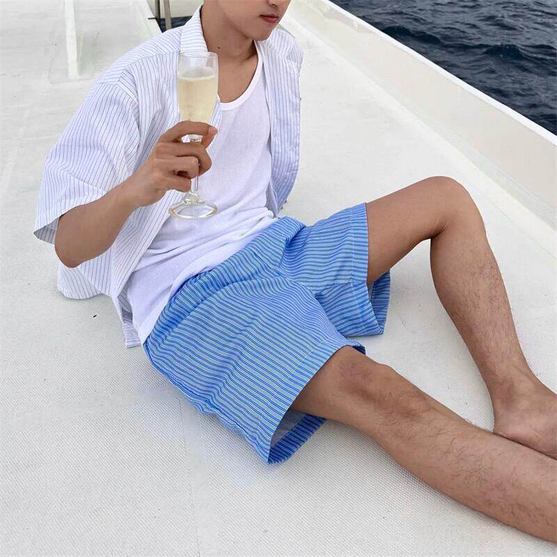 春夏季夏季蓝色条纹沙滩短裤男国潮小清新松紧腰抽绳速干凉感休闲