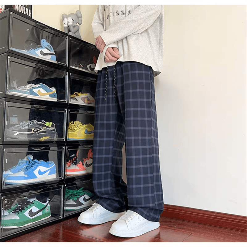 美式新款美式格子休闲长裤藏蓝潮牌直筒篮球裤学生青少年透气新款图片
