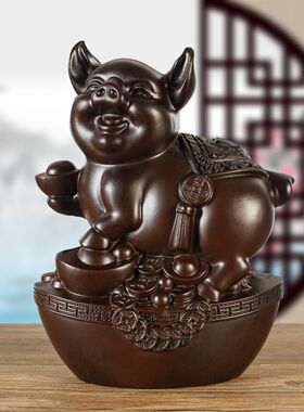 黑檀木亥猪实木雕刻十二生肖摆件元宝猪家居木雕红木工艺品送礼品
